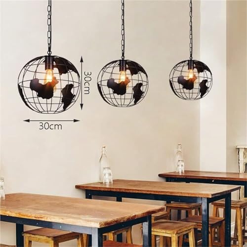 Vinta Industrial Globe Light Fixture, World Map Metal nt Lamp, 1m Hanging Chain, Modern Chlier for Living Room & Dining Room (Black)