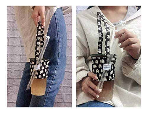 Image of Portable Coffee & Boba Cup Sleeve Strap w /Straw Loop (Hippo Pattern Black)