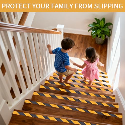 Image of Black & Yellow Anti-Slip Stair Treads Tape, 1 inch x35FT Heavy Duty Non-Skid Grip Tape for Indoor /Outdoor Steps, Bathroom & Pool - PVC Waterproof Safety Traction Tape