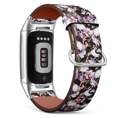 Compatible with Fitbit Charge 5 / Fitbit Charge 6 Replacement Leather Watch Band (Human Skulls Flowers Butterflies Birds) Smartw