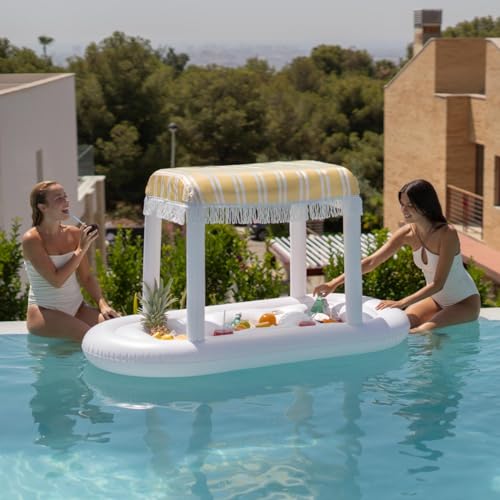 Flamingueo Flotador Bebidas Piscina - Colchoneta Piscina - 4 Posavasos - Tres Compartimentos - con Toldo - Amarillo - 170 x 84 x 92 cm