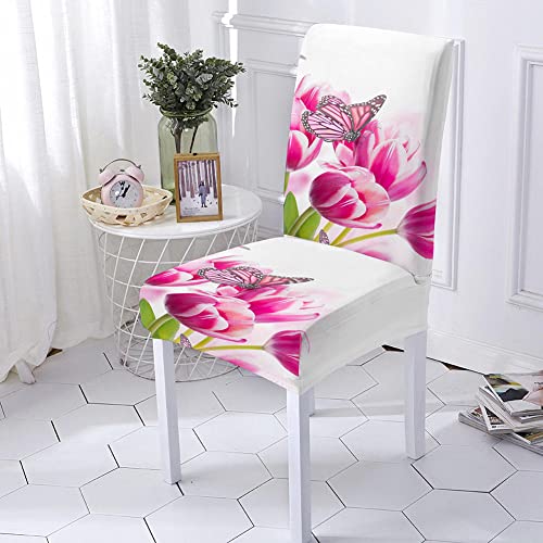 Fundas De Sillas Comedor Elásticas,Flores Rojas Brillantes Mariposa Voladora Insecto Arte Elástico Extraíble Lavable Protector De Silla Fundas De Asiento Para Comedor Banquete Fiesta Decoraci Cover