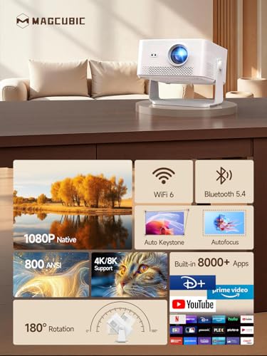 Image of [Android 14 & 800ANSI] Magcubic Mini Projector 4K 8K Support, Smart Projector Native 1080P with WiFi 6, Bluetooth 5.4, Auto Focus, Auto Keystone, 180 Rotation, Portable Projetor for Bedroom HY450Max