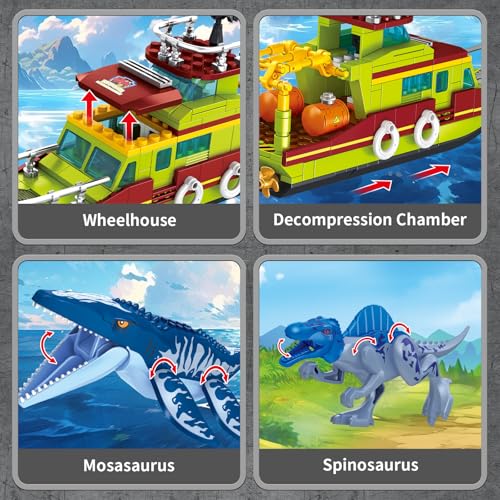 Image of 3 in 1 Sea Dinosaur Building Blocks Kit Set, Compatible with Lego Dinosaur World Park Spinosaurus Mosasaurus Discovery Crossing Ocean World Building Set, Boat STEM Toys Gift Kids Adults Boys Age 8-12