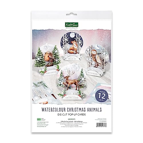 Katy Sue Watercolour Christmas Animals Die-Cut Pop Up Cards. Contains 12 Cards Images of Robin Reindeer Fox & Owl Supports Sticky Foam Pads & 12 Envelopes. Finished Size 120 x 110 Millimetres