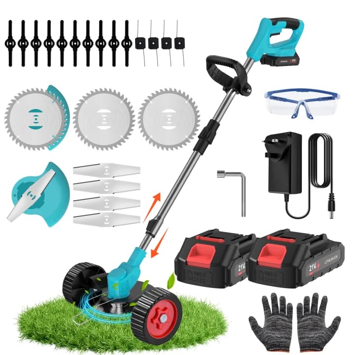 Desbrozadora Batería 21V, Desbrozadora Eléctrica, Equipado con 2 Baterías de 2.0Ah, 4 Cuchillas de Alta Eficiencia y Mango Ajustable, para Uso en Hogar, Patio y Jardín