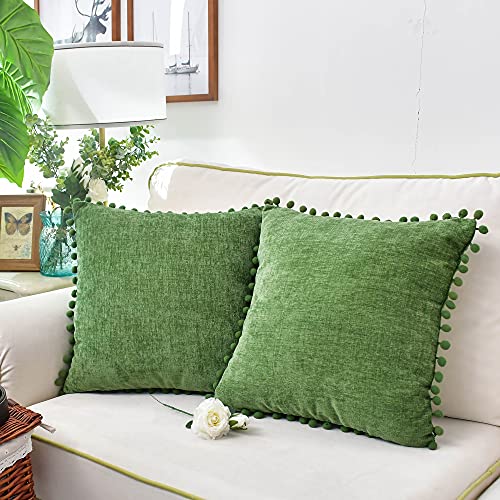 CaliTime Throw Pillow Cases Pack of 2 Cozy Solid Dyed Soft Chenille Cushion Covers with Pom Poms for Couch Sofa Home Decoration 50cm x 50cm Forest Green - Image 4