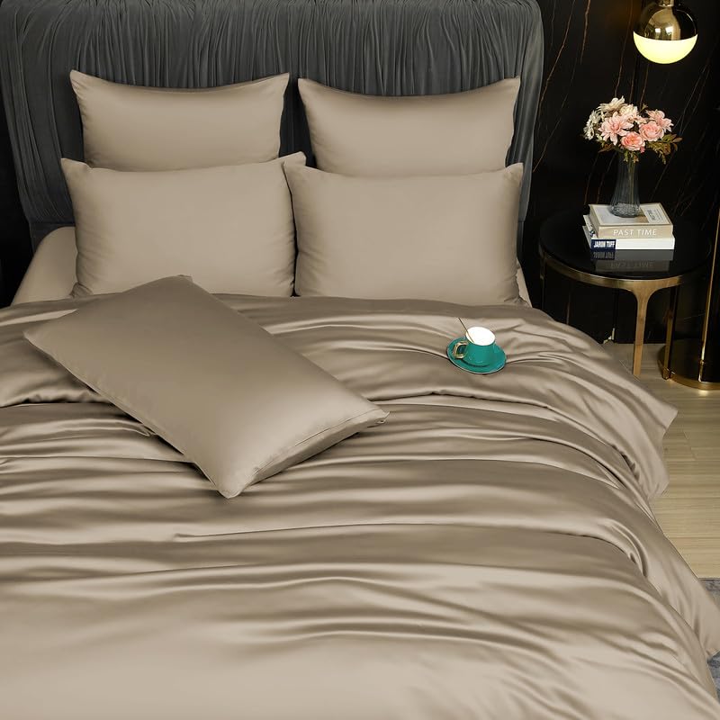 Gezu - Funda nórdica de bambú 220 x 240 cm, color marrón caqui, juego de cama de 220 x 240 cm, para adultos, 2 personas, fresco, Tencel Lyocell y ropa de cama de seda lisa, sedosa brillante, con 2