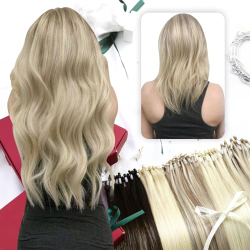 Moresoo Micro Loop Hair Extensions Real Human Hair Blonde Microbead Hair Extensions Ash Blonde with Bleach Blonde Hair Extensions Micro Loop Human Hair Extensions Highlighted 50G/50S 20 Inch #P18/613 - Thumbnail 7