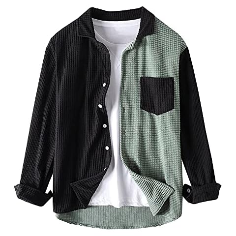 Ladyful Men's Casual Color Block Corduroy Shirt Lapel Button Down Blouse Top, Black+green, Medium Cover