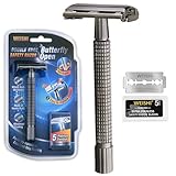 WEISHI Butterfly Open Double Edge Safety Razor for Men, Nostalgic Long Handle with 5 Stainless Razor Blades, Reusable Wet Shave Tool for Smooth, Close Shave