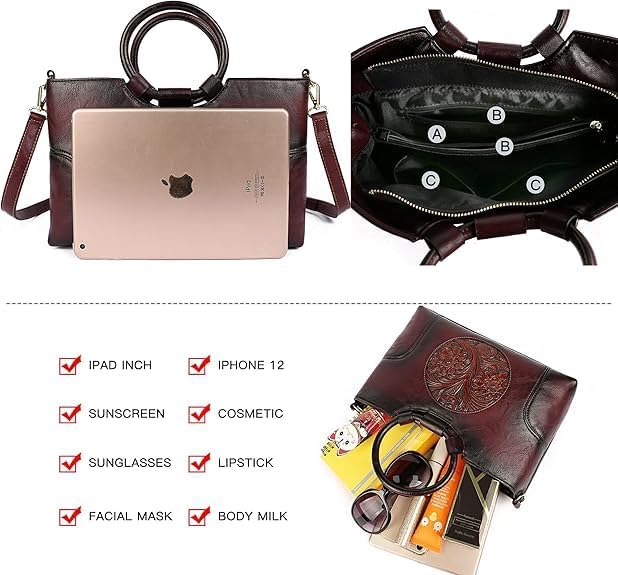 Vintage Leather Purse for Women Clutch Satchel Top-Handle Tote Bag Embossed Totem Shoulder Handbags - Image 5