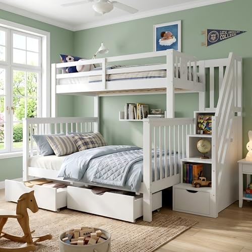 Miyemo Bunk Bed for Kids Triple Sleeper Bed Frame with Storage Drawers & Storage Stair Triple Bunk Beds for Family with Multiple Children 90+135x190cm White (No Mattress)