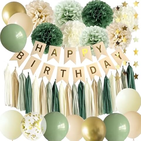 ANSOMO Sage Green Happy Birthday Party Decorations Retro Green Nude Ivory Dark Olive Kraft Paper Banner Balloons Neutral Rustic Boho Blush Safari Botanical Greenery Wild Décor Supplies Women Adults Cover