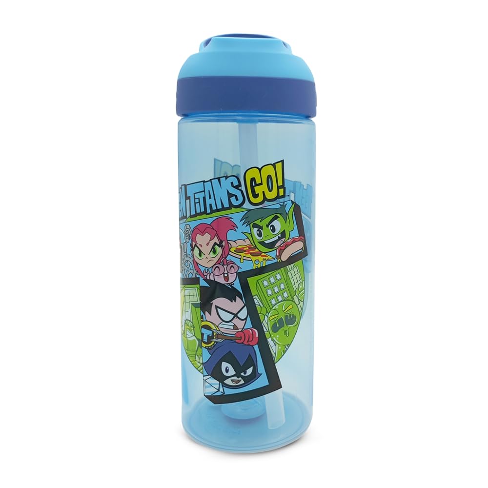 HOX LOL Teen Titan Water Bottle – 600 ml | Food-Safe Plastic Bottle with Carry Loop | Spills-Proof Flip-Up Spout Reusable Travel Bottle for Kids, Blue
