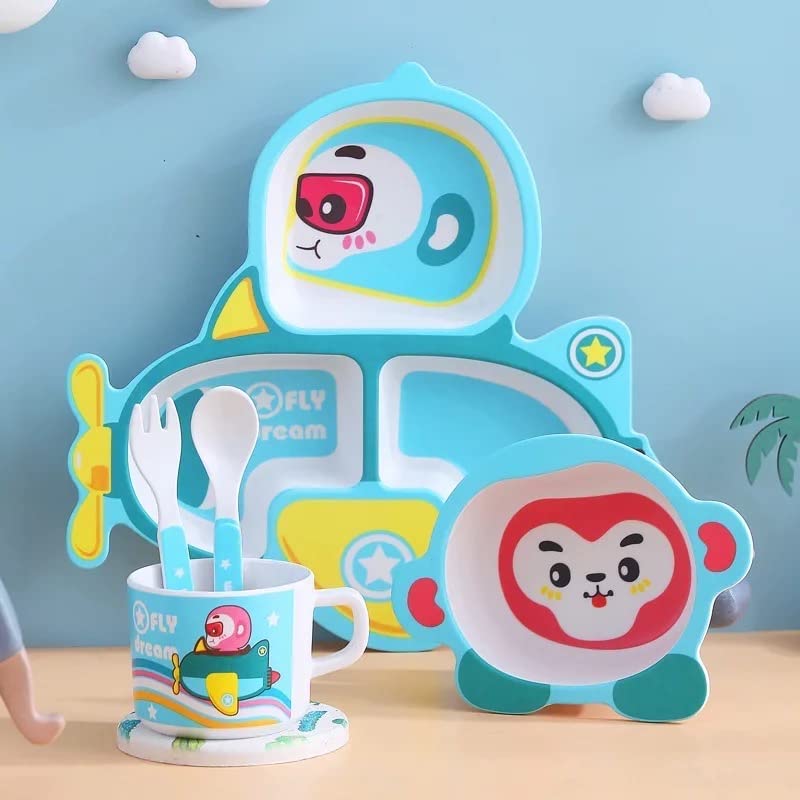 BPA-Free Bamboo Fiber Crockery Baby Dinner Set Cute Design Kids Dishes 5 pcs Tableware for Kids and Toddlers Teaches Child Portion Control Dinner Set (Helicopter)