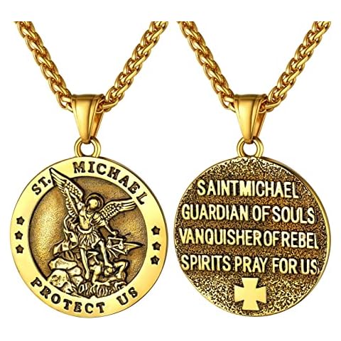 bandmax Men Women 18K Gold Plated Catholic Religious Medal Necklace Saint Michael Protect Us Round Charm Necklace Guardian Angel Pendant with 22" Chain Cover
