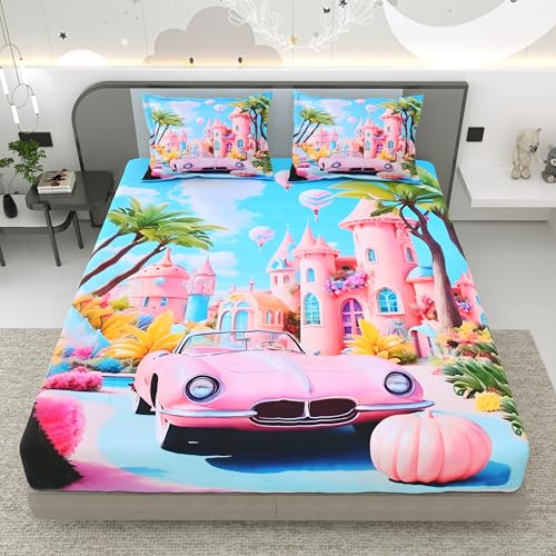Image of Dream Weaverz 7D Bedsheet for Double Bed King Size with 2 Pillow Covers | Princess Castle & Pink Car Theme Digital Printed & Fitted Elastic for Kids | Glaze Cotton | Fits Upto 10 Inch Mattress