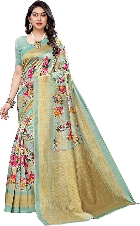 Women Art Silk Lace Printed Saree Free Size (AIR), Green, One Size