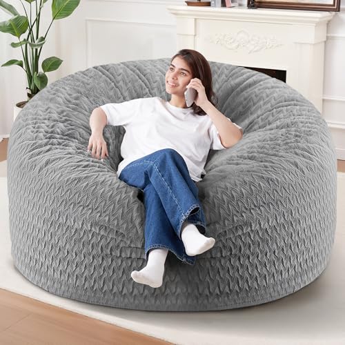 Image of HABUTWAY 6FT Bean Bag Chair,Giant Bean Bag Chairs for Adults,Big Bean Bags with Memory Foam Filled, Large Beanbag Chairs with Chevron Plush Cover-Grey
