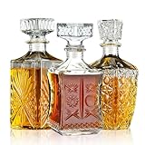 Whiskey Decanter Set for Men of 3PCS Liquor Bottles, Whiskey Bottles for Bourbon, Tequila, Brandy and Vodka, Elegant Crafted Glass Wine Decanter with 3 Unique Styles with Intricate Patterns