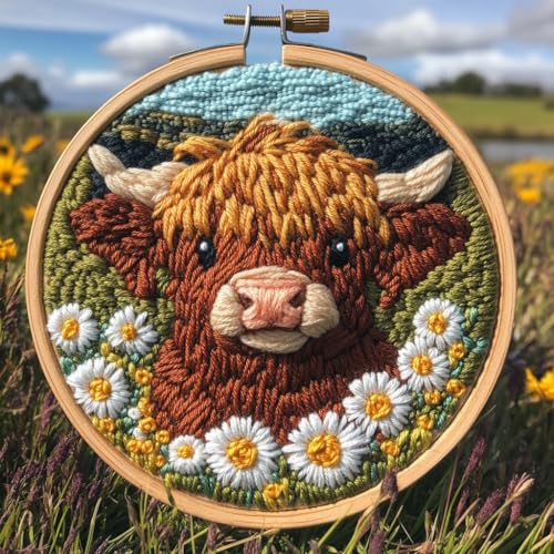Image of Punch Needle Kits Cute Baby Orange Highland Cow in Daisy Flowers Easy for Beginners DIY Punch Needle Yarn Starter Embroidery Set for Craft Lovers with Printed Pattern and Hoop for Home Decor 20x20cm