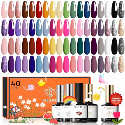 Image of modelones 40 Pcs Gel Nail Polish Set, 36 Colors Mothersday Red Nude Brown Yellow Pink White Black Gel Nail Polish Kit Purple Blue Nail Art with Base Coat& Matte Glitter Glossy Top Coat DIY LED Gift
