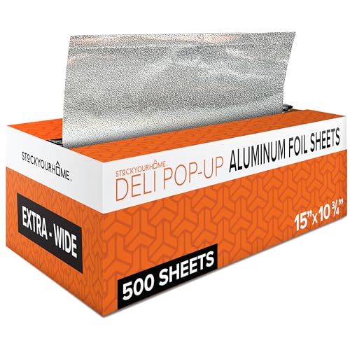 Pre-Cut Deli Aluminum Foil Sheets (500 Count) – 15” Extra-Wide Heavy-Duty Pop-Up Sheets for Restaurant Use, Disposable Tin Foil for Burritos, Hot Dogs & Sandwiches