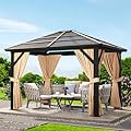 10'x10' Hardtop Gazebo, Heavy Duty Aluminum Metal Outdoor Permanent Gazebo with Curtains and Netting, Polycarbonate Garden Tent for Patio, Lawn