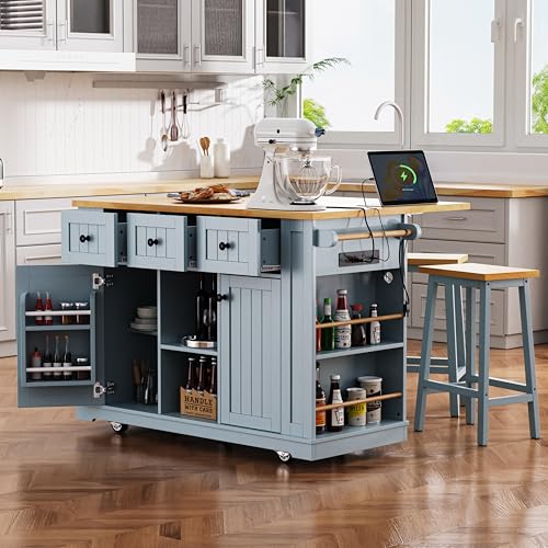 Rolling Kitchen Island with Drop Leaf & Power Outlet, Large Kitchen Islands Cart on Wheels, Movable Kitchen Island with 5 Open Storage Shelves & Towel Rack for Kitchen, Dining Room, 53-Inch, Grey Blue