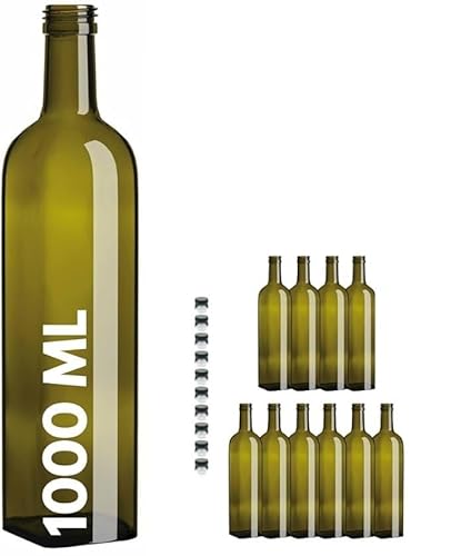 Buyglass Botella de aceite verde de cristal, 1000 ml, juego de 10 botellas con 10 tapones, reutilizable