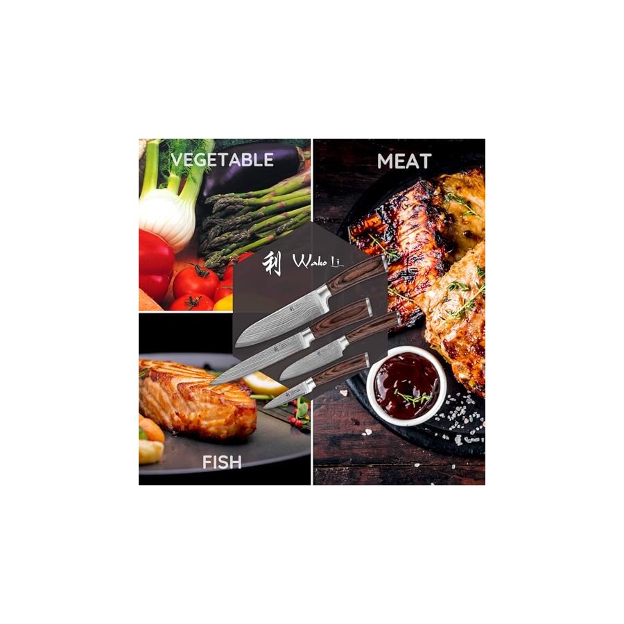 Wakoli Damascus Kitchen Knife Set, 4 Pieces Professional Chef Knife Set made from 67 Layers of Damascus Steel with VG10 Core, Knives Set for Kitchen with Pakkawood Handles in Gift Box (EDIB 4-pcs)