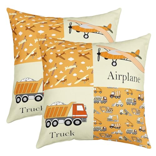 Cartoon Aircraft Truck Throw Pillow Covers 18x18 Inch Set of 2 Watercolor Yellow Plaid Cute Clouds Pillow Cases for Kids Boys Girls Urban Vehicle Airplanes Decor Cushion Covers for Party Office
