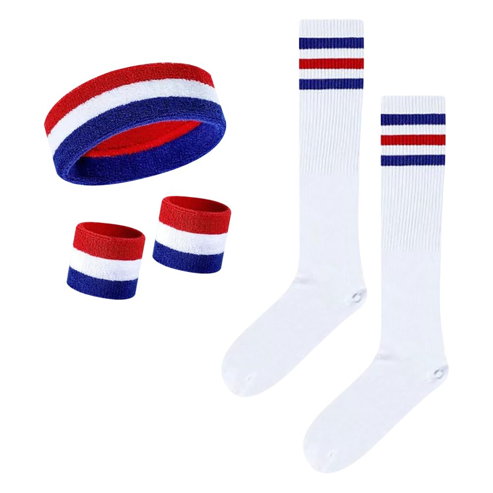 JIHUOO 5 Pcs Striped Sweatbands Sets Sports Headband and Wristbands High Tube Socks Elastic Athletic Headband Socks Wrist Sweat Bands for Men Women Red White Blue