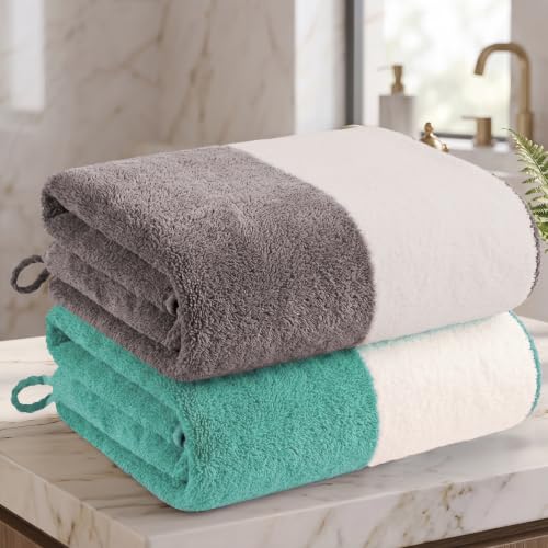 Image of Story@Home 500 GSM Microfiber Towels for Bath Large Size | Towel Set of 2 |Super Soft Color Blocked Bath Towels | 70 x 140 cm | Grey & Mint Green | Skin & Hair Friendly Bath Towels for Men, Women