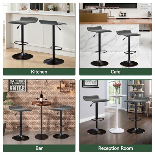 Image of Vogue Furniture Direct Adjustable Bar Stools Set of 2, Modern Swivel PU Leather Airlift Barstools, Backless Kitchen Counter Height Bar Chair for Dining Room (Grey, Black Base)