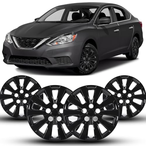Image of Winjet 16 inch Hubcaps Wheel Covers for 2013-2019 Sentra [2013 2014 2015 2016 2017 2018 2019 Nissan Sentra] & [2011-2017 Nissan Leaf] Wheel Rim Covers 16 inch Hub caps Set of 4 (Black Lacquer)