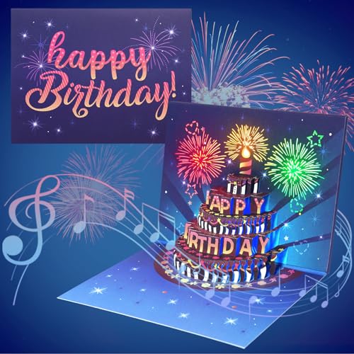 Image of INPHER UPGRADED Birthday Cards Fireworks Pop Up Cake Light and Music Happy Birthday Gifts Decorations for Women, Men, Mom, Grandma