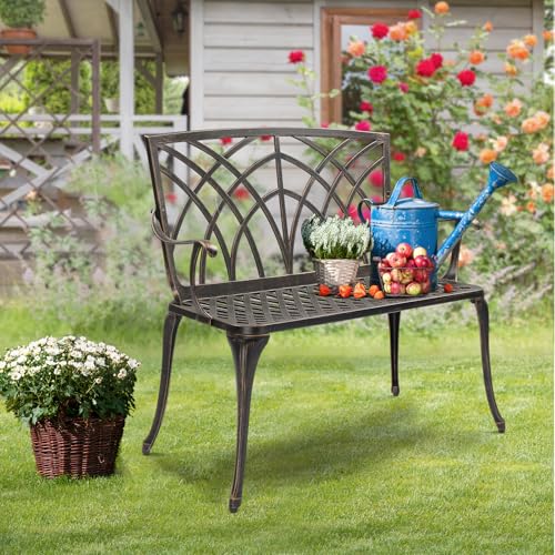 Image of VINGLI 38 inch Outdoor Metal Bench, Cast Aluminium Garden Bench, Weatherproof Antique Finish Orchid Chair, 1-2 Person Seat Deck Furniture for Porch Entryway Patio (Brown)