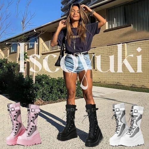Tscoyuki Womens Goth Platform Boots Chunky Wedge Heel Rave Combat Boots Lace Up and Zipper Round Toe Mid Calf Boot for Concert Festival3