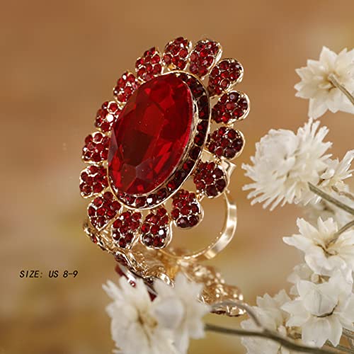 Yertter YERTTER-RING-22-11-1.4 Antique Gold Red Crystal Women Statement Ring Rhinestone Oval Ring Exaggerated Cocktail Ring Vintage Crystal Ring thumb #3