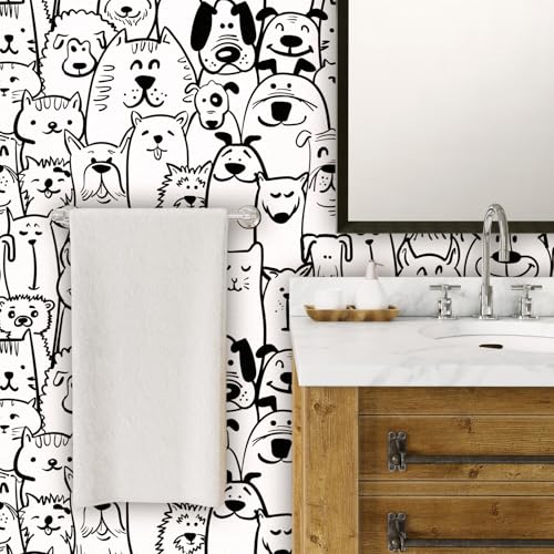ICYEHAO Selbstklebende Tapete Tiere,44 x 600cm Tapete Schwarz Weiss Hund Katze und Schaf Tapeten Kinderzimmer klebetapete Möbelfolie… – Ansicht 4