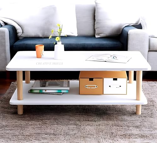 Image of Coffee Table - Rectangle Center Table for Living Room Engineered Wood Tea Table with Storage Stylish Teapoy Table for Hall, Lounge, and Office Spaces Durable (White)