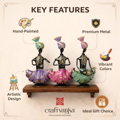 Image of CraftVatika Handmade Metal Iron Sitting Musician Set of 3 Playing Musical Instrument Idol Handpainted Figurine Showpiece for Home Decor, Multicolor (9 Inches Height)