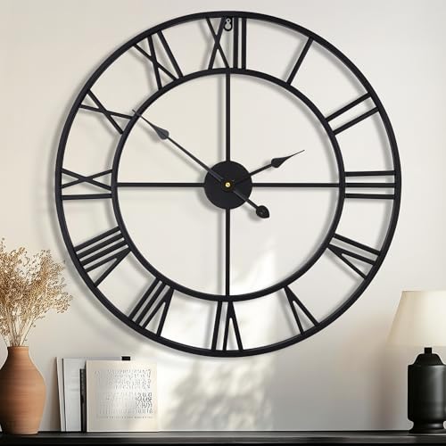 HAITANG 80CM Grande orologio da parete rotondo in stile vintage in metallo silenzioso senza tick alimentato a batteria orologio con numeri romani soggiorno arredamento camera da letto - 31 inches