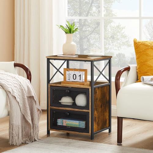 Image of VECELO Nightstand Set of 1, End Table with Flip Drawer, Modern Night Stand for Bedroom,Living Room, Office, Easy Assembly, Vintage Brown