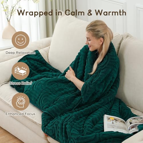 Image of Cottonblue Jacquard Weighted Blanket for Adults 15 lbs Twin Size, Cozy Fluffy Sherpa Fleece Weighted Throw Blankets 48 inch x 72 inch for Sleep Relax, Fuzzy Warm Arch Heavy Blanket Soft for Bed Couch, Green