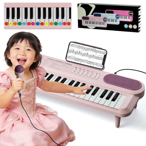 子供用ピアノおもちゃ、37鍵音楽キーボードおもちゃ（マイク付き） (ピンク)