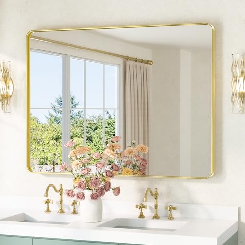 Image of TETOTE Gold Bathroom Mirror 40 x 30 Inch Brushed Gold Metal Framed Vanity Mirror, Tempered Glass, Wall Mounted for Bathroom, Entryway, Bedroom, Living Room(Horizontal /Vertical)