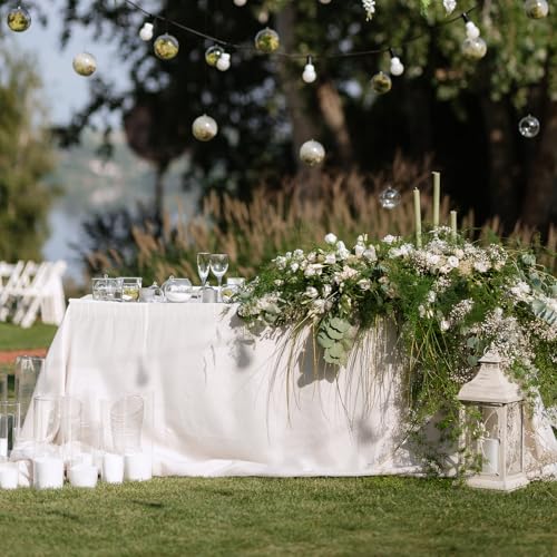 8 Pieces White Plastic Table Skirts 14 Feet x 29 Inch for Rectangle Tables Fitted Tablecloth Disposable Table Cover for Birthday Party, Events, Banquette Baby Shower